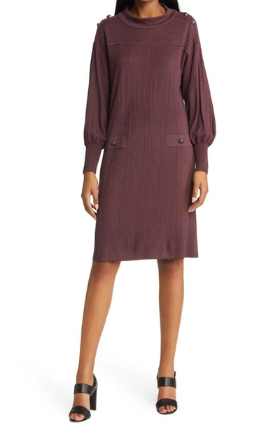 Ming Wang Rib Balloon Long Sleeve Knit Dress In Auburn Brown