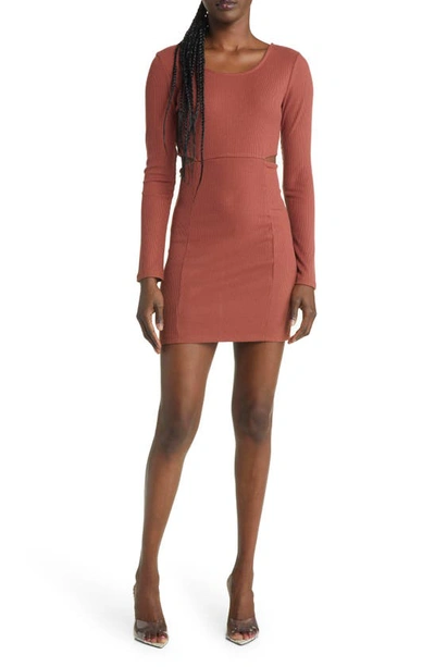 Open Edit Cutout Long Sleeve Sweater Dress In Brown Chino