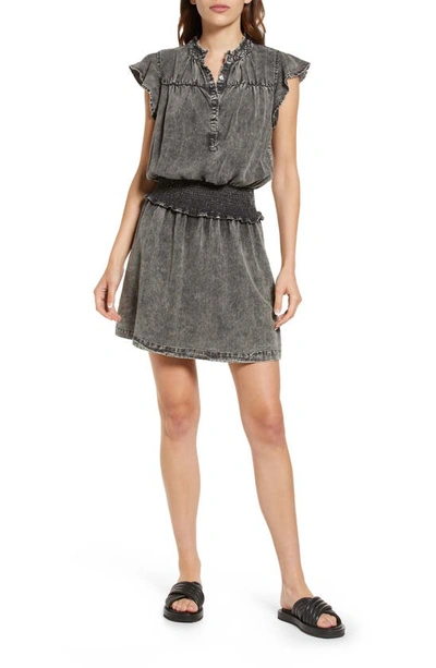 Rails Amina Ruffled Chambray Mini Dress In Black Acid Wash