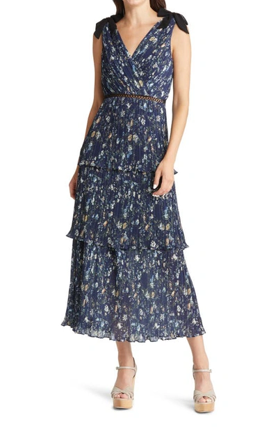 Lulus Floral Tiered Ruffle Chiffon Dress In Navy Blue Floral Print