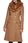 Guess Removable Faux Fur Collar Wool Blend Double Breasted Walker Coat In Camel