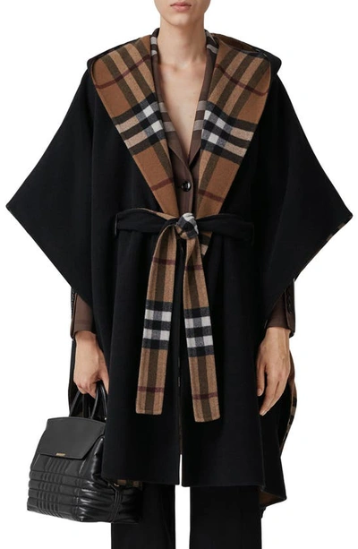 Burberry Reversible Hooded Checked Wool Cape In Black