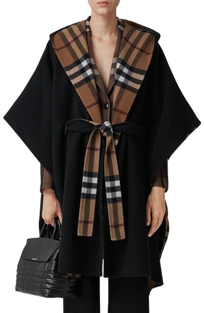 Burberry Reversible Hooded Checked Wool Cape In Birch Brown Check