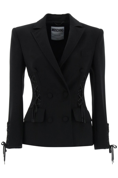 Moschino Double-breasted Lace-up Blazer In Black