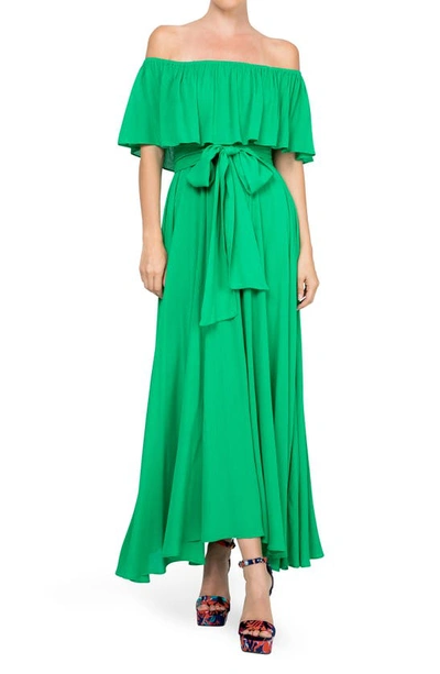 Meghan La Morning Glory Off The Shoulder Maxi Dress In Emerald