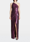 Halston Adriana One-shoulder Sequin Slit Gown In Acai