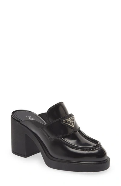 Prada Chocolate Flow Heeled Loafer Mules In Black