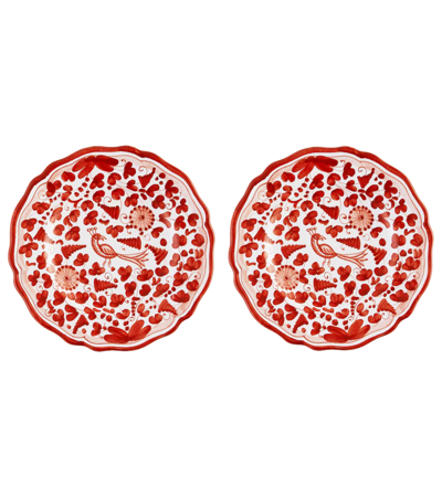 Les-ottomans Peacock Set Of 2 Dessert Plates In Red