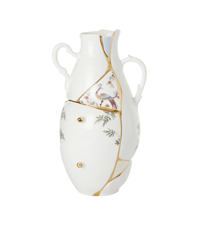 Seletti Kintsugi 24ct Yellow-gold Plated Porcelain Vase 32cm In White