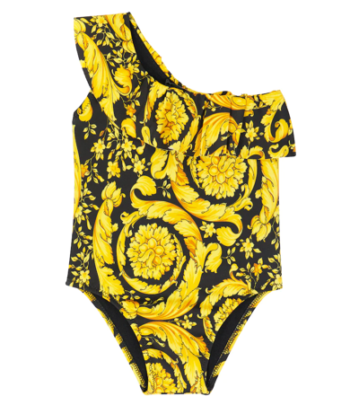 Versace Baby Barocco One-shoulder Swimsuit In Nero + Oro
