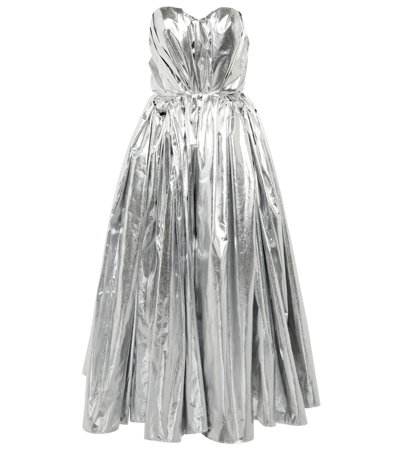 Alexander Mcqueen Strapless Bow-detailed Metallic Woven Midi Dress In Silver