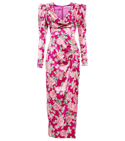 Alessandra Rich Draped Floral-print Duchesse Silk-satin Midi Dress In Fuchsia