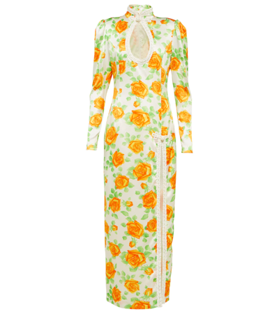 Alessandra Rich Cutout Cord-trimmed Floral-print Duchesse Silk-satin Midi Dress In Yellow/orange