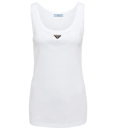 Prada Logo Cotton Tank Top In Bianco