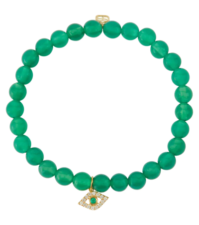 Sydney Evan Evil Eye 14kt Gold And Onyx Bracelet With An Emerald And Diamonds In Green Onyx