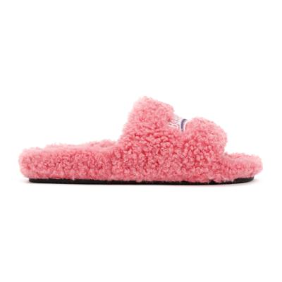 Balenciaga Pink Furry Slide Sandal In Fake Shearling With White And Blue Political Campaign Embroideries Balenc In Sweet Pink White