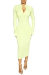 Naked Wardrobe Half Zip Long Sleeve Dress In Lime