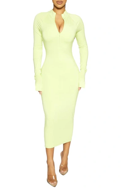 Naked Wardrobe Half Zip Long Sleeve Dress In Lime