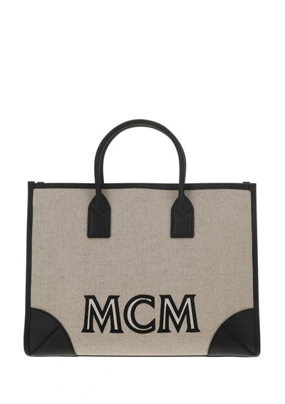 Mcm Logo Embroidered Tote Bag In Beige