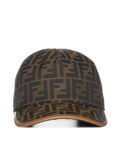 Fendi Ff Canvas And Leather Baseball Cap In Tobacco,brown