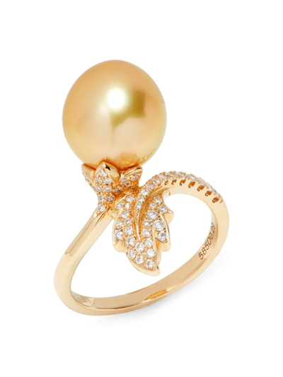 Tara Pearls Women's 14k Yellow Gold, Diamond & 11-12mm Round South Sea Pearl Ring