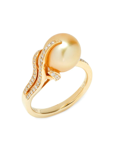 Tara Pearls Women's 14k Yellow Gold, 10mm-11mm South Sea Pearl & Diamond Ring