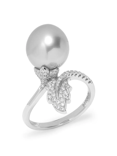 Tara Pearls Women's 14k White Gold, 11-12mm Round South Sea Cultured & 0.28 Tcw Diamond Ring