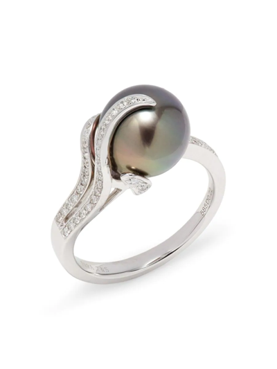 Tara Pearls Women's 14k White Gold, 10mm-11mm Tahitian Pearl & Diamond Ring