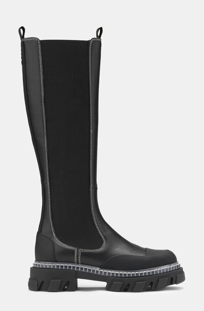 Ganni Cleated Leather High Chelsea Boots In Black