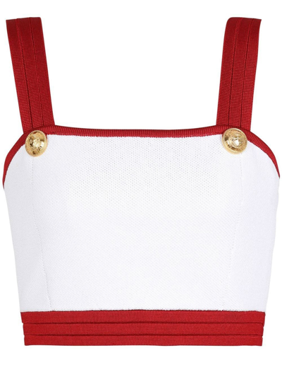 Balmain Cropped Contrasting-trim Detail Top In Blanc Rouge