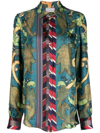 Pierre-louis Mascia Mixed-print Silk Shirt In Green