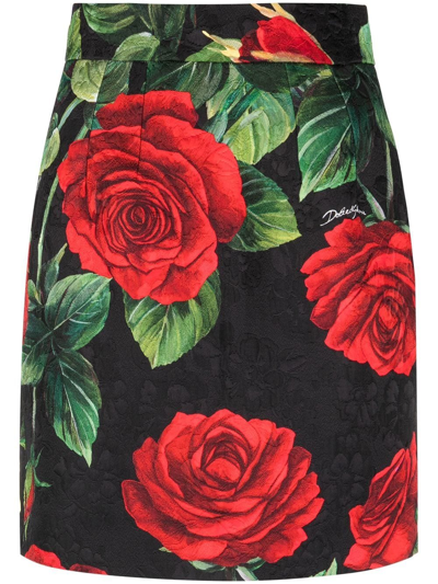 Dolce & Gabbana Rose Print Rear Zipped Skirt In Schwarz