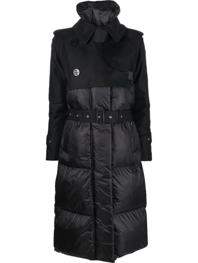 Sacai Long Hybrid Belted Puffer Trench Coat In Black