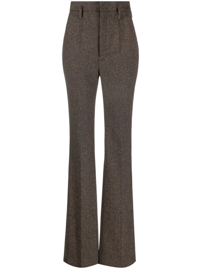 Saint Laurent Pleated Herringbone Wool-tweed Flared Pants In Brown