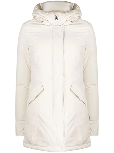 Woolrich Hooded Duck Feather Coat In Beige