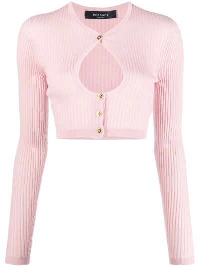 Versace Pink Cropped Cut-out Wool Cardigan