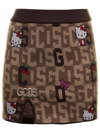 Gcds Brown And Beige Mini Skirt  In Wool Blend Knit With Logo Plate, Hello Kitty Motif And Contrast Jacqu In Brown