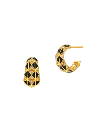 Syna 18k Yellow Gold Black Enamel Diamond Hoop Earrings