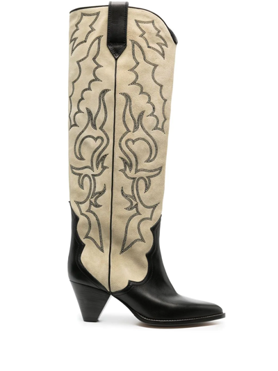 Isabel Marant Leila Leather And Suede Cowboy Boots In Black/ecru