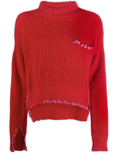 Marni Logo Embroidered Wool Knit Jumper In Red