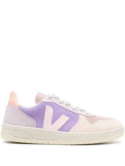 Veja V-10 Bicolor Mixed Leather Low-top Sneakers In Purple