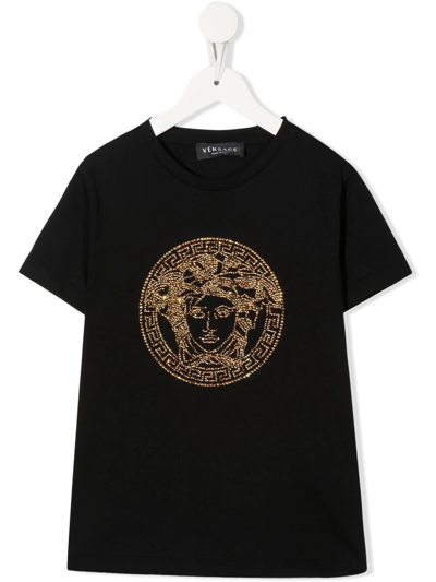 Versace Kids' Rhinestone-medusa Cotton T-shirt In Black