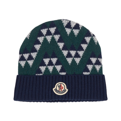 Moncler Kids' Wool Jacquard Knit Beanie Hat W/ Logo In Blue