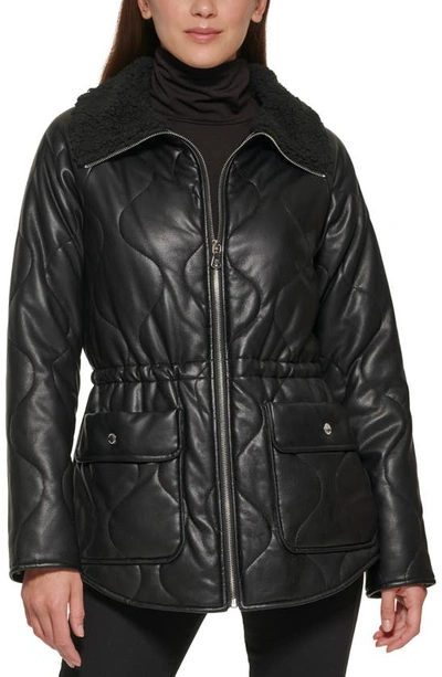 Kenneth Cole New York Faux Fur Trimmed Quilted Faux Leather Anorak Jacket In Black