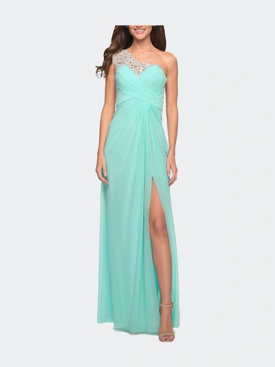 La Femme Long One Shoulder Jersey Prom Dress With Embroidery In Green