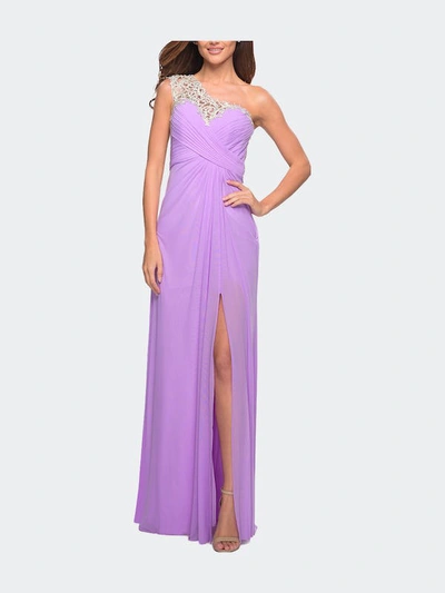 La Femme Long One Shoulder Jersey Prom Dress With Embroidery In Purple