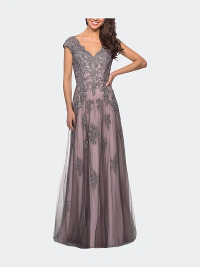 La Femme Tulle Evening Gown With Embroidery And Cap Sleeves In Grey