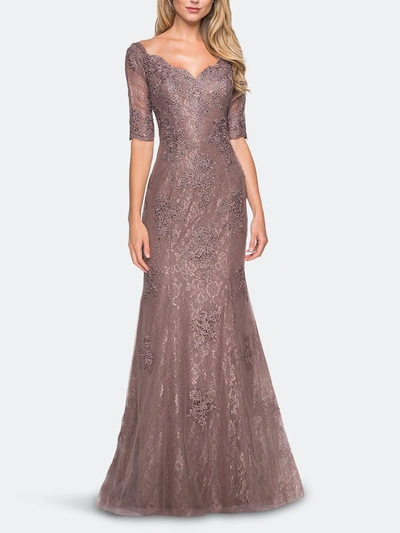 La Femme Floor Length Lace Dress With Rhinestone Accents In Brown