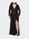 La Femme Long Sleeve Sequin Plus Size Dress With Slit In Black