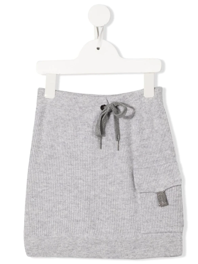 Brunello Cucinelli Kids' English Rib Cashmere Knit Skirt With Necklace In Grey